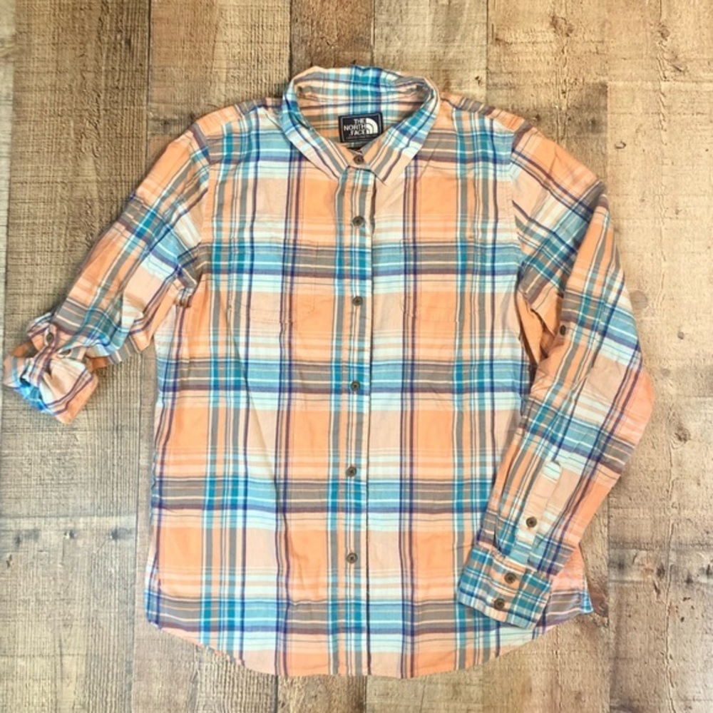 The North Face Womens Orange Blue Plaid Roll Tab Long Sleeve Cotton Shirt Size L